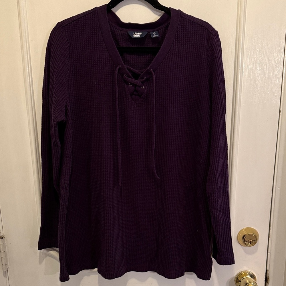 Lands End Women's XL Dark Purple Lace Up Long Sleeve Top
